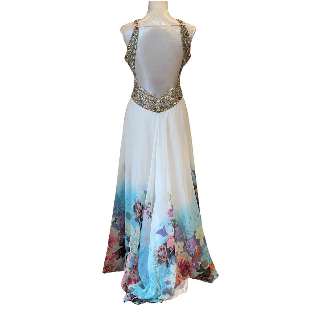Terani Couture Rhinestone Colorful Floral Halter Neck Prom or Pageant gown Sz 0 - Picture 2 of 16